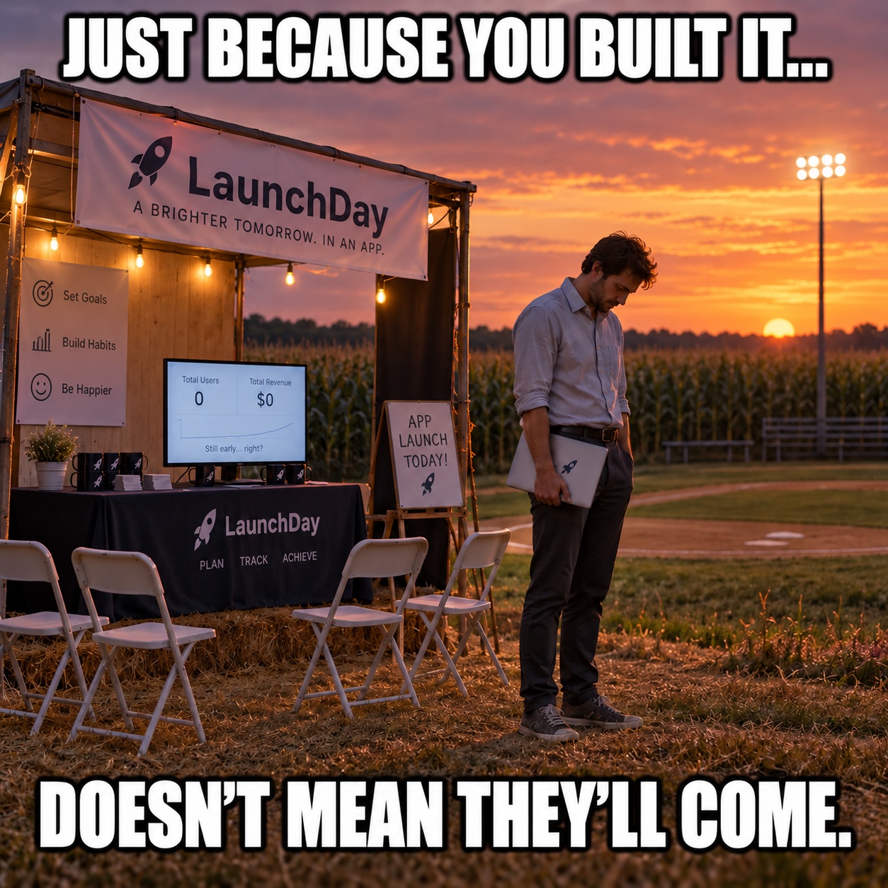 A founder stands beside an empty launch booth. Meme: Just because you built it… doesn't mean they'll come.