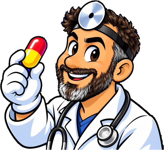 Dr. Rick, a cartoon doctor holding a red and yellow capsule